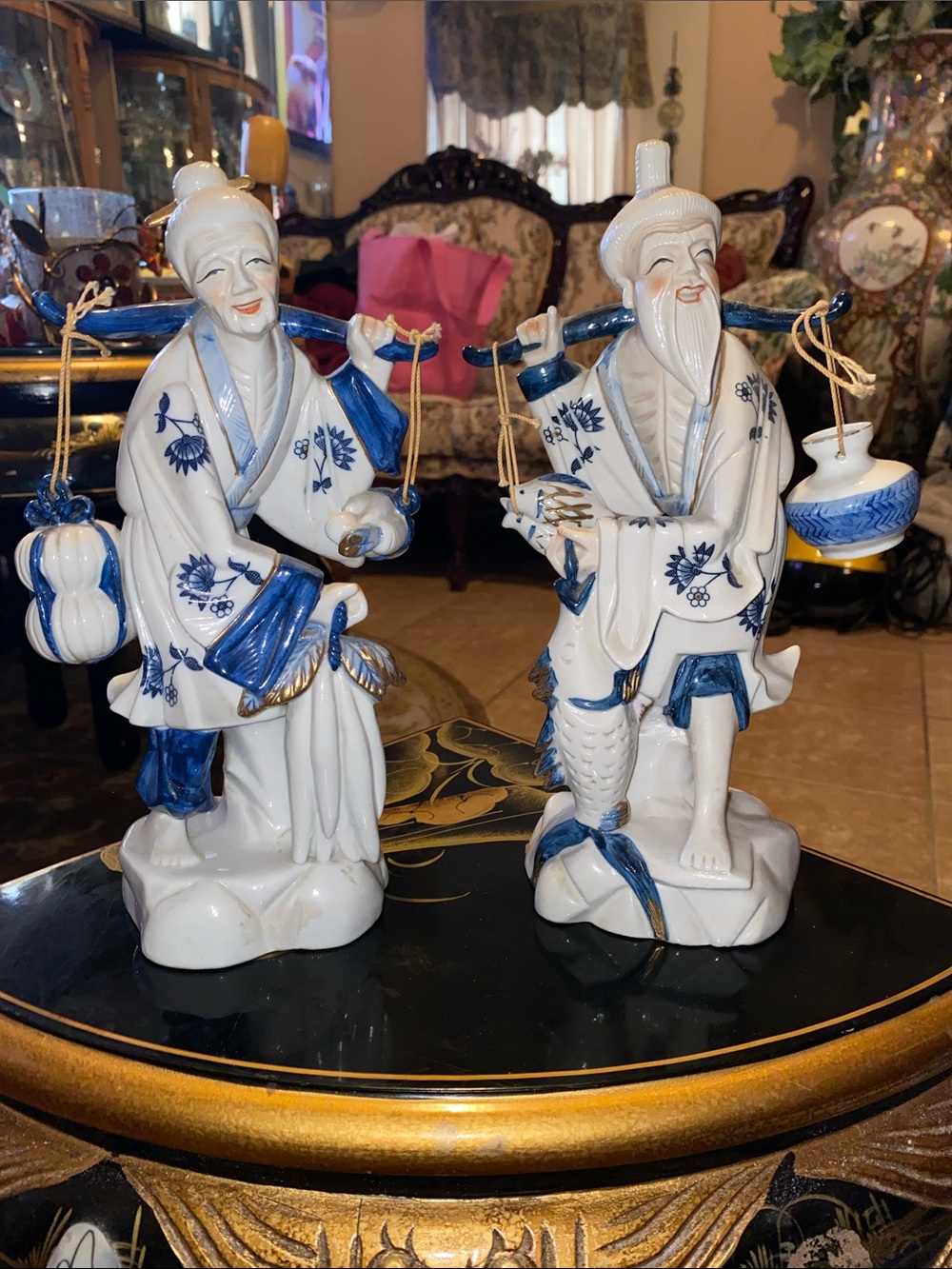 Vintage 1970s Porcelain Blue & White Asian Fisherman Couple Figurines